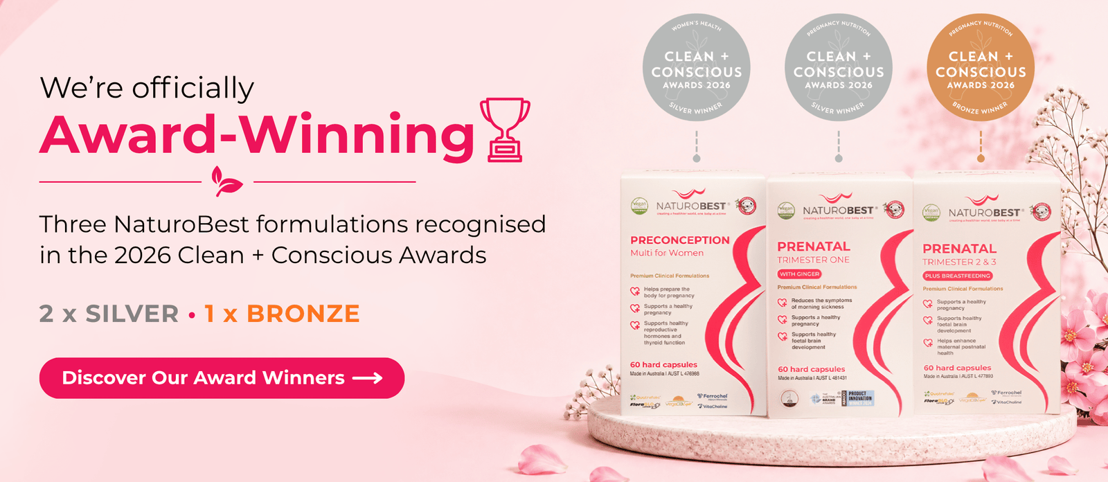 NaturoBest award-winning Preconception and Prenatal formulations recognised in the 2026 Clean + Conscious Awards.