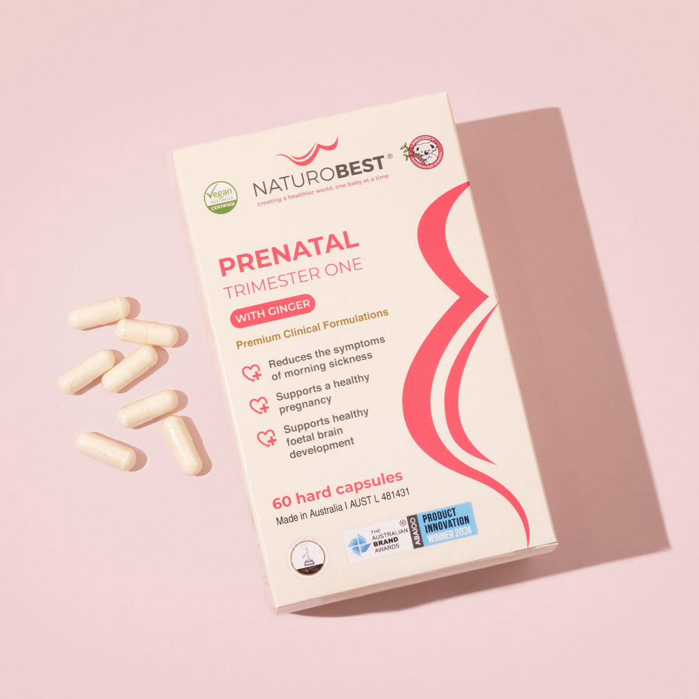 NaturoBest Prenatal Trimester One with Ginger with award badges